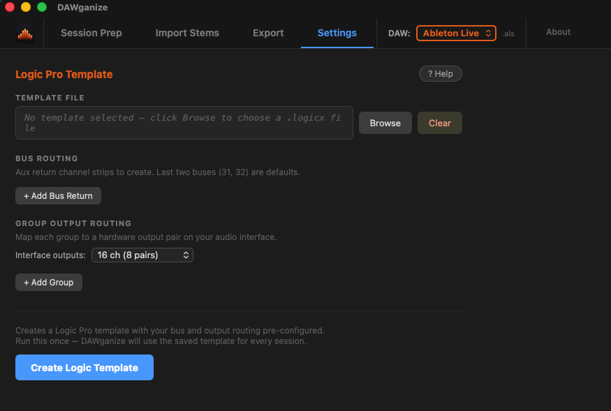 DAWganize Logic Pro Template Settings